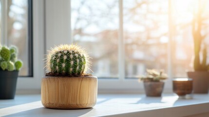 Wall Mural - A potted cactus with spiky green leaves in a wooden pot on a windowsill