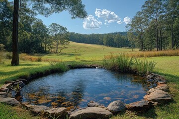 A small pond surrounded by rocks in a grassy field with trees in the background.