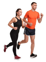 Poster - Woman and man running on white background