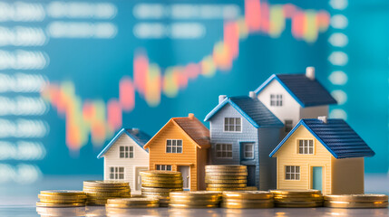 Miniature houses and coins representing real estate investment trends with a background chart showing fluctuations in the market