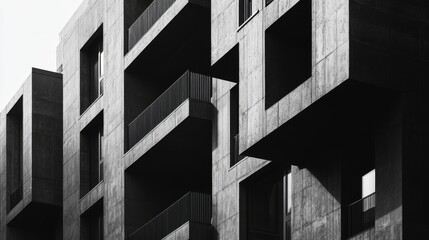 Modern concrete building with balconies and windows.