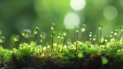 Poster - Macro Photography of Dew Drops on Moss