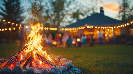 Evening gathering around a warm bonfire in a backyard with string lights illuminating a joyful group of friends