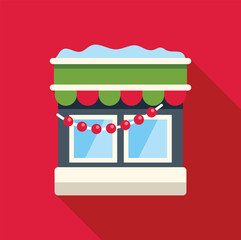 Wall Mural - Christmas store front with snow on roof and garland decoration, flat vector illustration