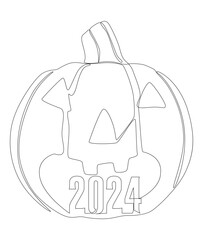 Wall Mural - One continuous line of number 2024 and Halloween Jack O' Lantern pumpkin. Thin Line Illustration vector concept. Contour Drawing Creative ideas.