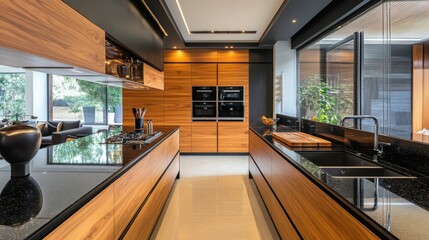 Poster - Modern kitchen interior with black granite countertops, wooden cabinets, and a stainless steel sink