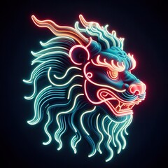 Wall Mural - A beautiful Kylin statue  is depicted on a black background, rendered in 3D with neon lights