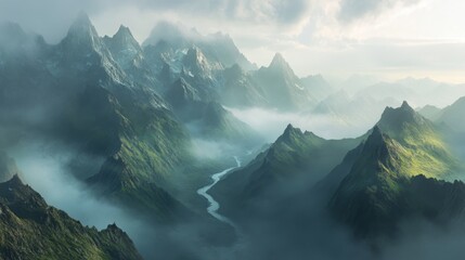 Poster - Majestic Mountain Range Enveloped in Mist and Clouds