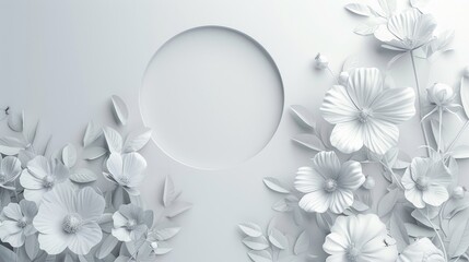 Wall Mural - Delicate White Flowers and Leaves in a Circular Arrangement on a Minimalist White Background