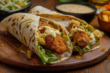 Wall Mural - Freshly prepared crispy chicken wrap filled with tender chicken, crisp lettuce, melted mozzarella cheese, and drizzled with yellow honey sauce, wrapped in a warm tortilla. MZ