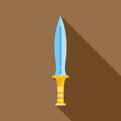 Poster - Sharp metal dagger with a golden hilt is pointing upwards on a brown background with a shadow