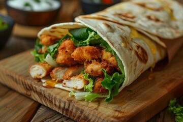 Wall Mural - Freshly prepared crispy chicken wrap filled with tender chicken, crisp lettuce, melted mozzarella cheese, and drizzled with yellow honey sauce, wrapped in a warm tortilla. MZ