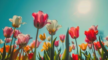 Canvas Print - Vibrant Tulip Field Under Bright Blue Sky