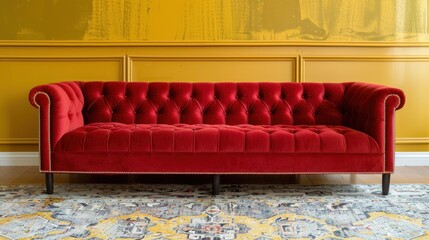 Wall Mural - Elegant Red Velvet Sofa in Stylish Interior Setting