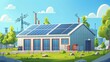 © GenerativeAIpicture - Cartoon vector large power facility with a solar energy system on the roof generating electricity in a sustainable manner