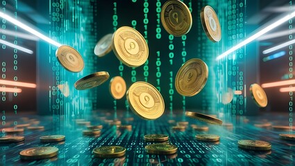Abstract digital gold coins falling through a binary code background