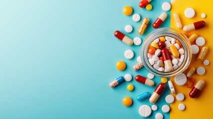 A variety of colorful pills and capsules are scattered around a glass jar against a vibrant split blue and yellow background, depicting medicine diversity.