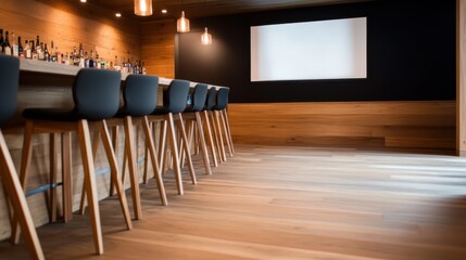 A modern bar with wooden walls, sleek chairs, and mood lighting. Ideal for gatherings or relaxing, the design is stylish and sophisticated. Perfect stock image for bar concepts.