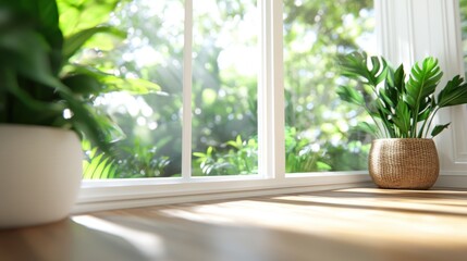 The room is bathed in sunlight through a large window, featuring two lush green plants, creating a serene and refreshing environment filled with light.