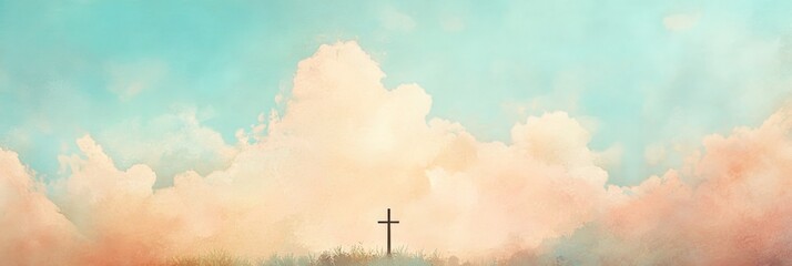 A serene background with soft pastel colors, featuring an elegant cross silhouette against the sky, symbolizing hope and connection to God's love 