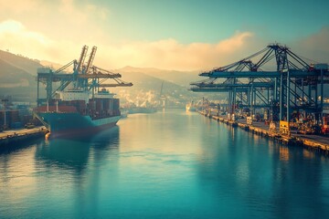 A cargo ship docks at a busy port with cranes loading and unloading containers, bathed in the golden light of sunrise.