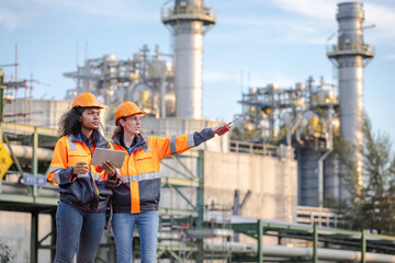 Engineers Inspecting Operations at a Water Pumping Station with Large Pipes and Industrial Towers