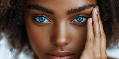 Wall Mural - Portrait of a beautiful young African American woman with blue eyes touching her face, generative AI