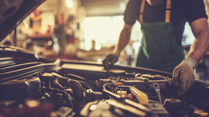 Mechanic inspecting engine with tools scattered around, symbolizing vehicle malfunction and repair process.