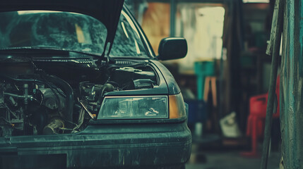 Mechanic inspecting engine with tools scattered around, symbolizing vehicle malfunction and repair process.