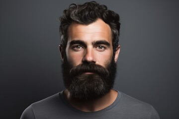 Bearded man, long beard. Brutal caucasian serious unshaven hipster with moustache in grey shirt on grey studio background