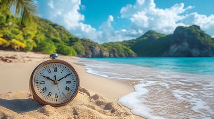 Poster - A vintage clock on a sandy beach with turquoise water and green hills in the background.