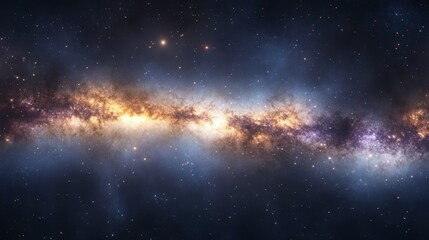 Wall Mural - A panoramic galaxy scene with the Milky Way's bright core, surrounded by twinkling stars and faint cosmic clouds.