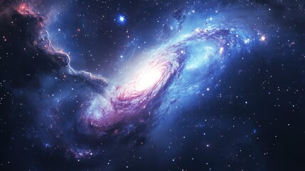 Wall Mural - A panoramic image of a distant spiral galaxy with bright stars, glowing nebulae, and deep space hues of blue and purple.