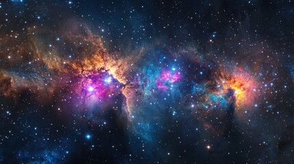 Wall Mural - A panoramic shot of a galaxy with colorful nebula clouds and bright stars, set against the dark backdrop of space.