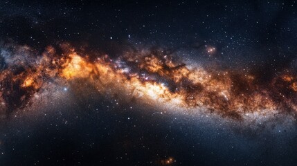 Wall Mural - A panoramic shot of the Milky Way galaxy with bright stars, glowing nebula clouds, and cosmic dust, creating a mesmerizing cosmic display.