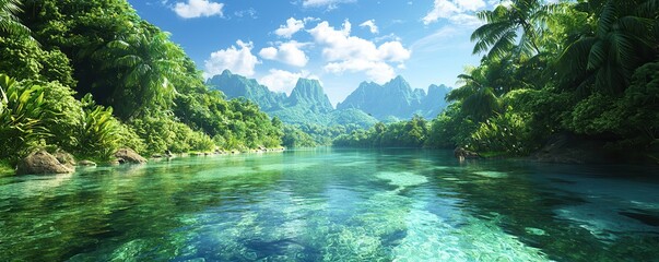 Poster - Lush Tropical River Scene with Mountains in the Background.