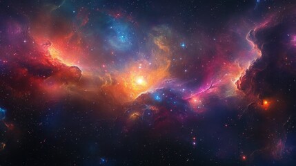 Wall Mural - A panoramic view of a colorful galaxy with vibrant star clusters, swirling cosmic dust, and glowing nebula clouds.