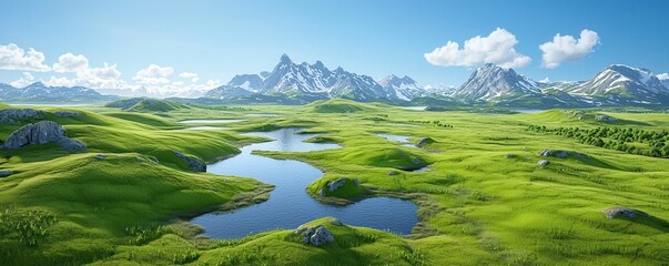 Sticker - Green valley with winding river and snowy mountain peaks in the background.