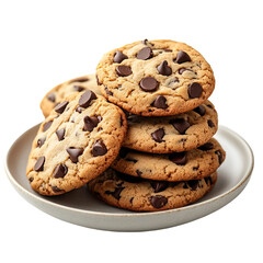 Freshly baked chocolate chip cookies stacked on a plate isolated on white background