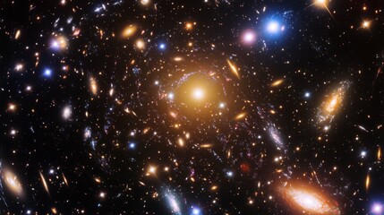 Wall Mural - A panoramic view of a distant galaxy cluster with swirling colors and bright star formations, showcasing the vastness of space.