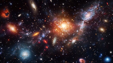 Wall Mural - A panoramic view of a distant galaxy cluster with swirling colors and bright star formations, showcasing the vastness of space.