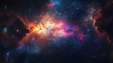 Wall Mural - A panoramic view of a distant galaxy with swirling colors, bright star formations, and deep cosmic background.