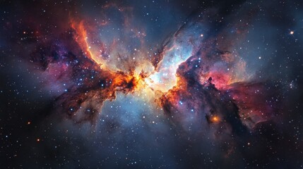 Wall Mural - A panoramic view of a distant galaxy with swirling colors, bright stars, and glowing nebula clouds, showcasing the beauty of space.