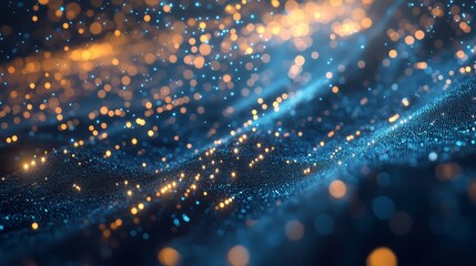Technology background with depth of field. Wave of small particles, digital datum, ai network for information, and three-dimetional of tech elements