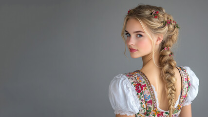 Caucasian blond woman wearing traditional bavarian german austrian dirndl dress