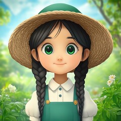 Poster - An adorable D girl with black hair dons a cute pea hat, radiating charm and playfulness. Perfect for your design project