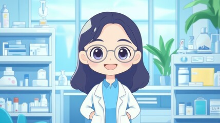 A diligent female researcher with glasses and a sweet smile poses confidently against a clean, outdoor backdrop, embodying anime charm.