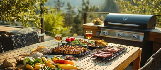 Grilled food on a table outdoors with a gas grill.