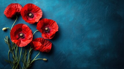 Banner with red poppy flowers on blue background, symbol for remembrance, memorial, anzac day