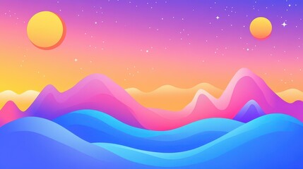 Poster - Vibrant 2D panoramic wallpaper featuring abstract gradient planets, perfect for modern web design and digital art enthusiasts.